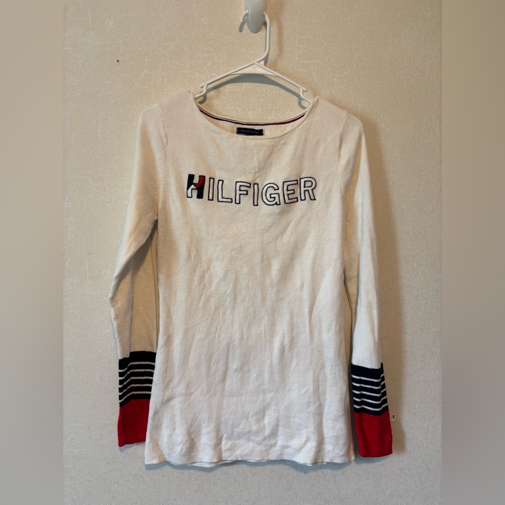 Tommy Hilfiger | Cream and Red Striped Sleeve Top | Size Medium